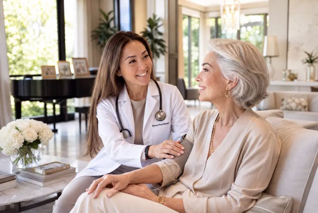 Nurse practitioner meeting with a woman during an in-home consultation