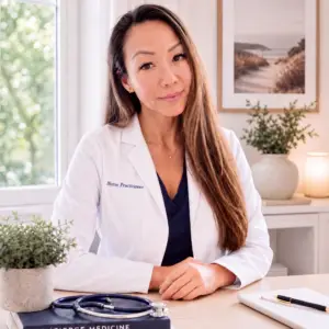 Cindy Wu, DNP-FNP in a white coat seated at a table ready for a clinical consultation